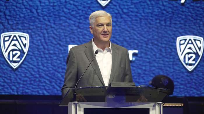Pac-12 commissioner George Kliavkoff at the conference’s 2023 football media day